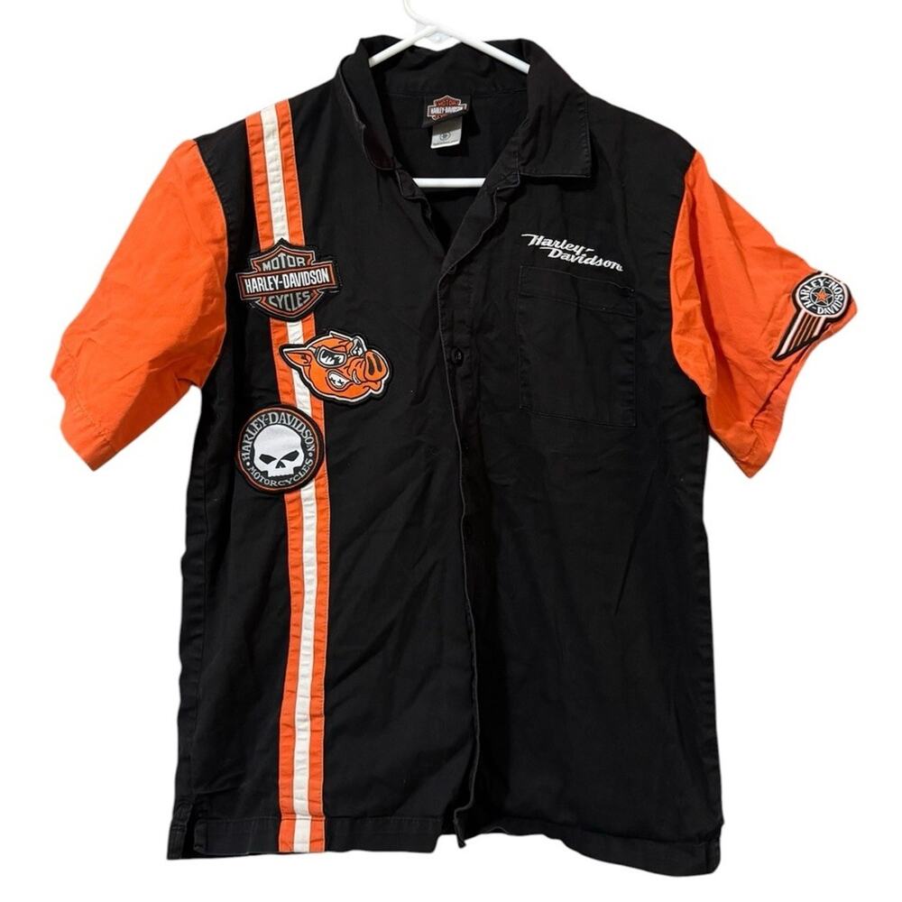 Harley Davidson Youth Size XL/20 Button Down Mechanics Shirt Logo Patches Biker